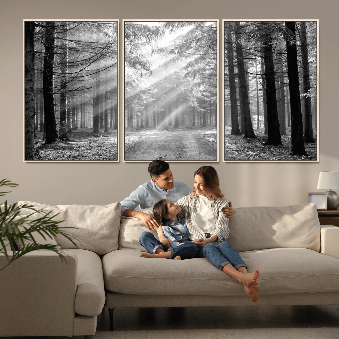 39665-MGV-FC-60X30-3P_Natural-Black and White Forest Path Wall Art – Sunlight Rays in Trees Canvas Print, Nature Landscape Decor for Living Room