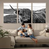 83810-MGV-FC-60X30-3P_Natural-Highland Cow Wall Art – Black and White Highland Cattle Print, Rustic Farmhouse Animal Decor for Living Room