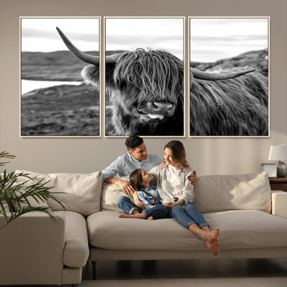 83810-MGV-FC-60X30-3P_Natural-Highland Cow Wall Art – Black and White Highland Cattle Print, Rustic Farmhouse Animal Decor for Living Room