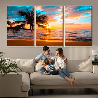 34674-MGV-FC-60X30-3P_Natural-Tropical Sunset Beach Wall Art – Palm Tree Ocean Canvas Print, Coastal Seascape Decor for Living Room or Office Wall