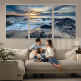 17902-MGV-FC-60X30-3P_Natural-Rocky Shore Ocean Sunset Wall Art – Coastal Seascape Canvas Print, Nature Beach Decor for Living Room or Office