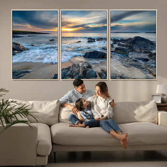 17902-MGV-FC-60X30-3P_Natural-Rocky Shore Ocean Sunset Wall Art – Coastal Seascape Canvas Print, Nature Beach Decor for Living Room or Office