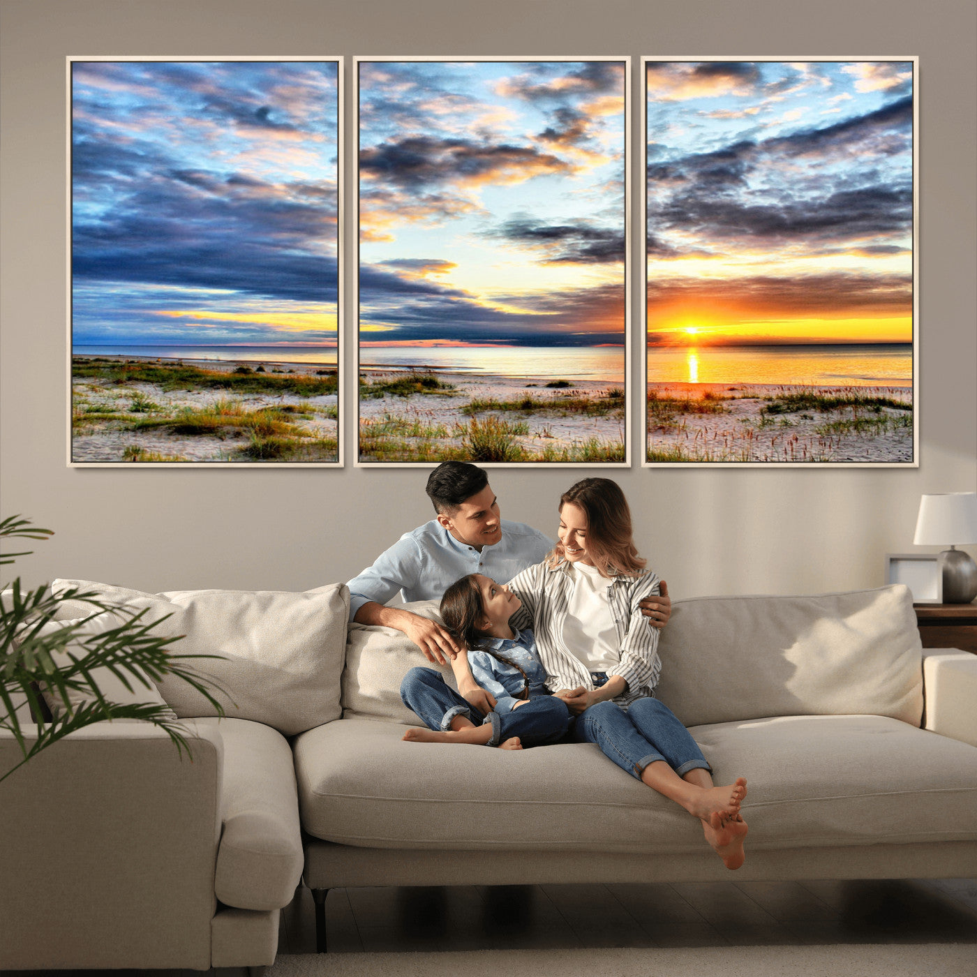 39645-MGV-FC-60X30-3P_Natural-Golden Beach Sunset Wall Art – Serene Ocean Horizon Canvas Print, Coastal Nature Landscape Decor for Living Room, Bedroom or