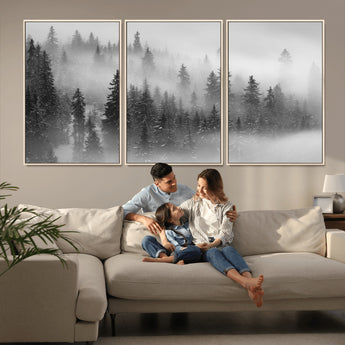 57235-MGV-FC-60X30-3P_Natural-Misty Pine Forest Wall Art – Black and White Mountain Landscape Canvas Print, Nature Woodland Decor for Living Room, Bedroom or