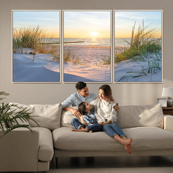 48907-MGV-FC-60X30-3P_Natural-Beach Sunset Wall Art – Coastal Sand Dunes and Ocean View Canvas Print, Serene Seaside Landscape Painting for Living Room, Bedroom