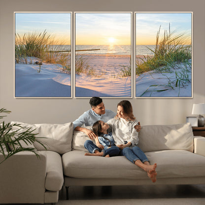 48907-MGV-FC-60X30-3P_Natural-Beach Sunset Wall Art – Coastal Sand Dunes and Ocean View Canvas Print, Serene Seaside Landscape Painting for Living Room, Bedroom