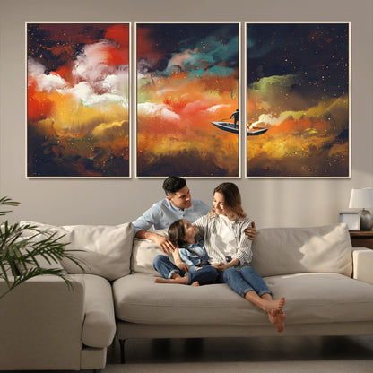 45085-MGV-FC-60X30-3P_Natural-Surreal Cosmic Wall Art – Abstract Galaxy Dreamscape Canvas Print with Man and Dog in Boat, Fantasy Nebula Painting for Living