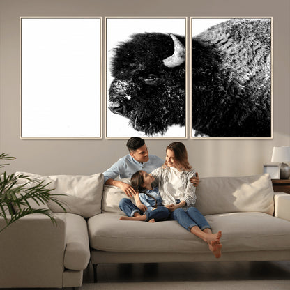 68780-MGV-FC-60X30-3P_Natural-Bison Close-Up Wall Art – Black and White Buffalo Canvas Print, Rustic Wildlife Photography Decor for Living Room, Office, or