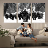 62434-MGV-CV-36X24-Bison Herd Wall Art – Majestic Black and White Buffalo Canvas Print, Wildlife Nature Photography Decor for Living Room, Office or