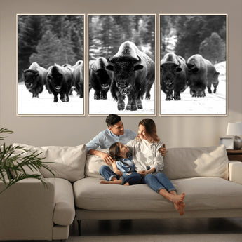 62434-MGV-FC-60X30-3P_Natural-Bison Herd Wall Art – Majestic Black and White Buffalo Canvas Print, Wildlife Nature Photography Decor for Living Room, Office or