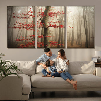 61855-MGV-FC-60X30-3P_Natural-Misty Forest Wall Art – Red Tree with Autumn Leaves Canvas Print, Moody Woodland Nature Decor for Living Room, Bedroom, or Office