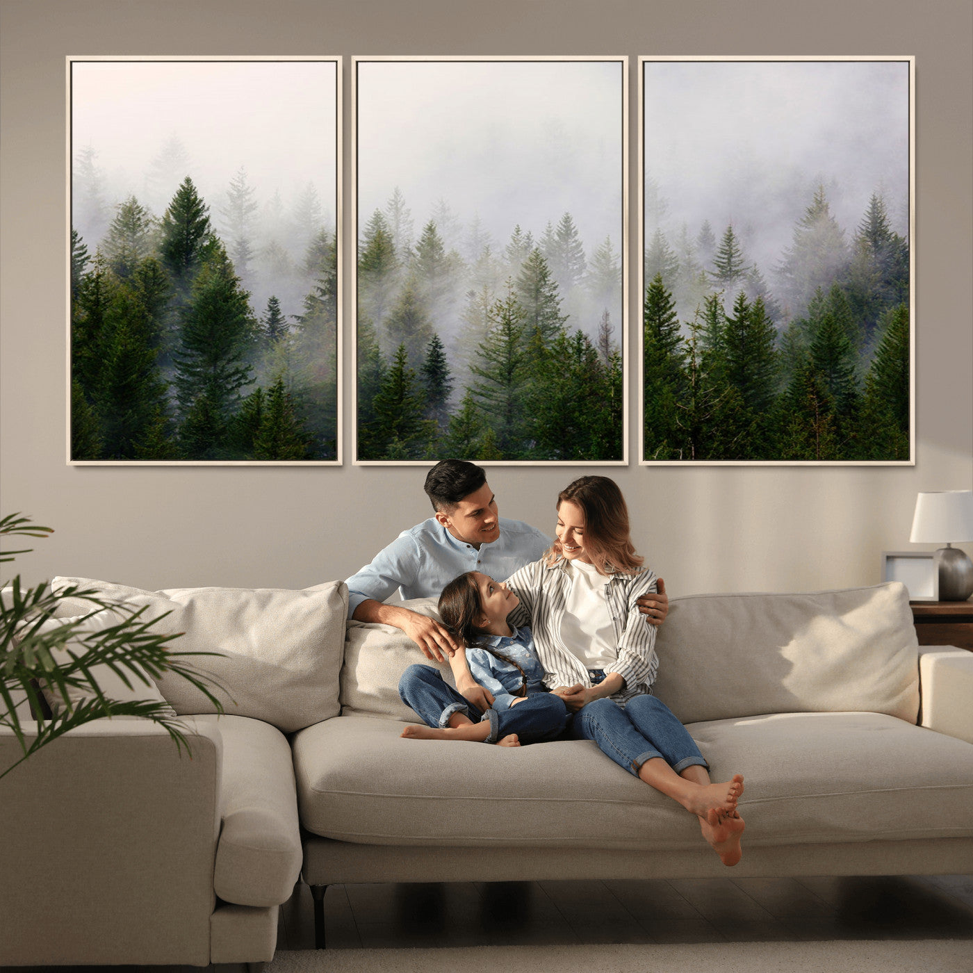 11436-MGV-FC-60X30-3P_Natural-Misty Forest Wall Art – Tranquil Evergreen Tree Canvas Print with Foggy Landscape, Nature Inspired Artwork for Bedroom, Living