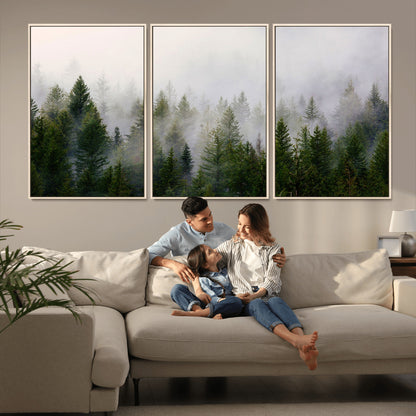 11436-MGV-FC-60X30-3P_Natural-Misty Forest Wall Art – Tranquil Evergreen Tree Canvas Print with Foggy Landscape, Nature Inspired Artwork for Bedroom, Living