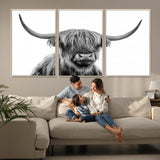 10123-MGV-FC-60X30-3P_Natural-Black and White Highland Cow Wall Art – Modern Farmhouse Animal Print, Rustic Scottish Bull Canvas Decor for Living Room, Bedroom,