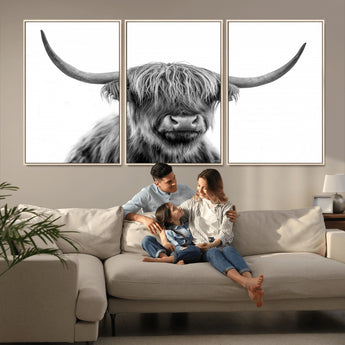 10123-MGV-FC-60X30-3P_Natural-Black and White Highland Cow Wall Art – Modern Farmhouse Animal Print, Rustic Scottish Bull Canvas Decor for Living Room, Bedroom,