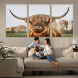 64824-MGV-FC-60X30-3P_Natural-Highland Cow Wall Art – Rustic Scottish Bull Canvas Print, Farmhouse Animal Decor for Living Room, Bedroom, Office or Cabin