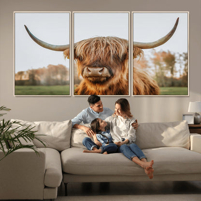 64824-MGV-FC-60X30-3P_Natural-Highland Cow Wall Art – Rustic Scottish Bull Canvas Print, Farmhouse Animal Decor for Living Room, Bedroom, Office or Cabin