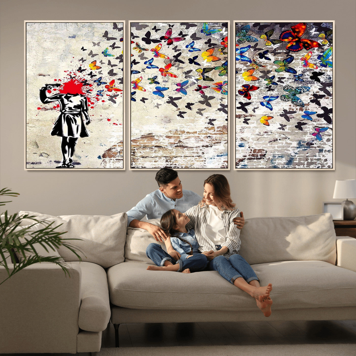 88654-MGV-FC-60X30-3P_Natural-Butterfly Explosion Graffiti Wall Art – Street Art Canvas Print, Colorful Butterfly Spray Mural, Modern Abstract Urban Wall Decor