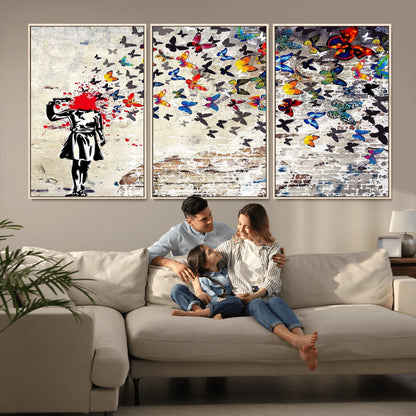 88654-MGV-FC-60X30-3P_Natural-Butterfly Explosion Graffiti Wall Art – Street Art Canvas Print, Colorful Butterfly Spray Mural, Modern Abstract Urban Wall Decor