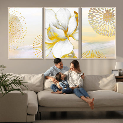 82301-MGV-FC-60X30-3P_Natural-Modern Floral Wall Art – White Flower with Gold Detailing Canvas Print, Elegant Abstract Artwork for Living Room, Bedroom, or