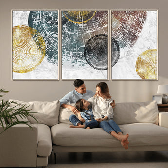 70653-MGV-FC-60X30-3P_Natural-Abstract Tree Ring Wall Art – Modern Rustic Wood Slice Canvas Print with Gold Accents, Contemporary Nature Decor for Living Room,