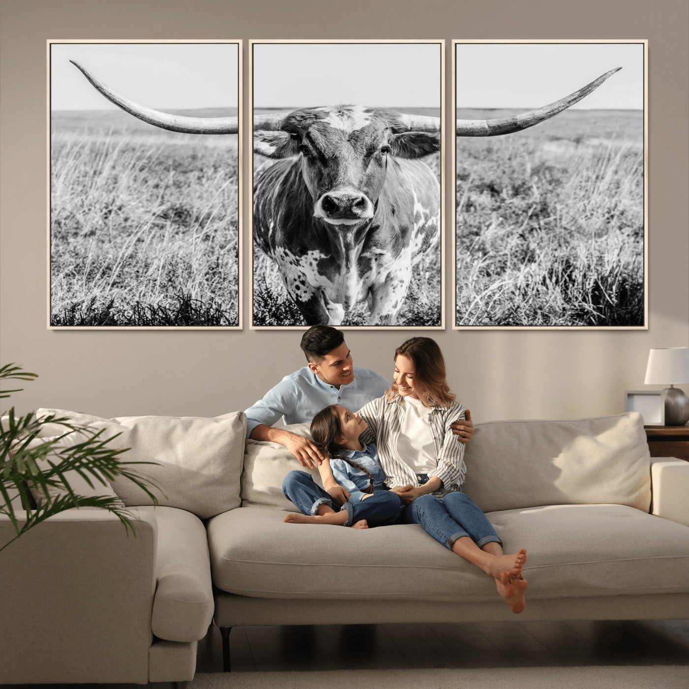 77320-MGV-FC-60X30-3P_Natural-Texas Longhorn Wall Art – Black and White Western Cattle Canvas Print, Rustic Farmhouse Animal Photography Decor for Living Room,