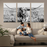 77320-MGV-FC-60X30-3P_Natural-Texas Longhorn Wall Art – Black and White Western Cattle Canvas Print, Rustic Farmhouse Animal Photography Decor for Living Room,