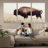 48406-MGV-FC-60X30-3P_Natural-American Bison Wall Art – Rustic Buffalo Canvas Print in Prairie Field, Western Wildlife Photography Decor for Cabin, Lodge,