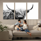 51957-MGV-FC-60X30-3P_Natural-Highland Cow Wall Art – Black and White Scottish Highland Bull Canvas Print, Rustic Farmhouse Animal Decor for Living Room,