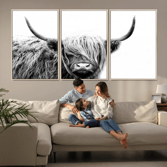 51957-MGV-FC-60X30-3P_Natural-Highland Cow Wall Art – Black and White Scottish Highland Bull Canvas Print, Rustic Farmhouse Animal Decor for Living Room,