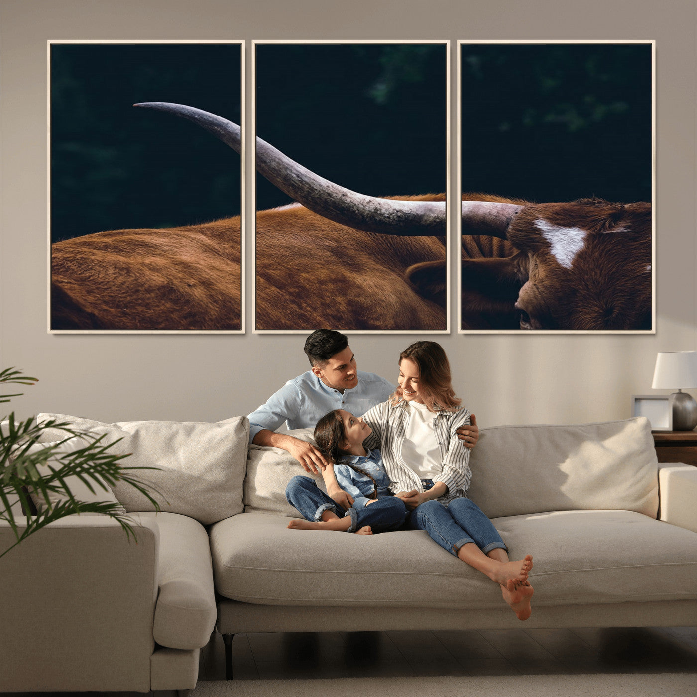 55197-MGV-FC-60X30-3P_Natural-Texas Longhorn Wall Art – Rustic Western Bull Horn Canvas Print and Farmhouse Country Animal Decor for Living Room, Office or