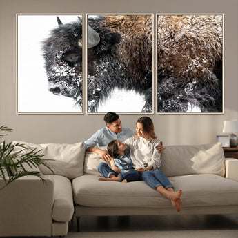 24304-MGV-FC-60X30-3P_Natural-Bison Wall Art Canvas Print, Framed Winter Bison Art Picture Print, Snowy Buffalo Perfect Rustic Farmhouse Decor Artwork