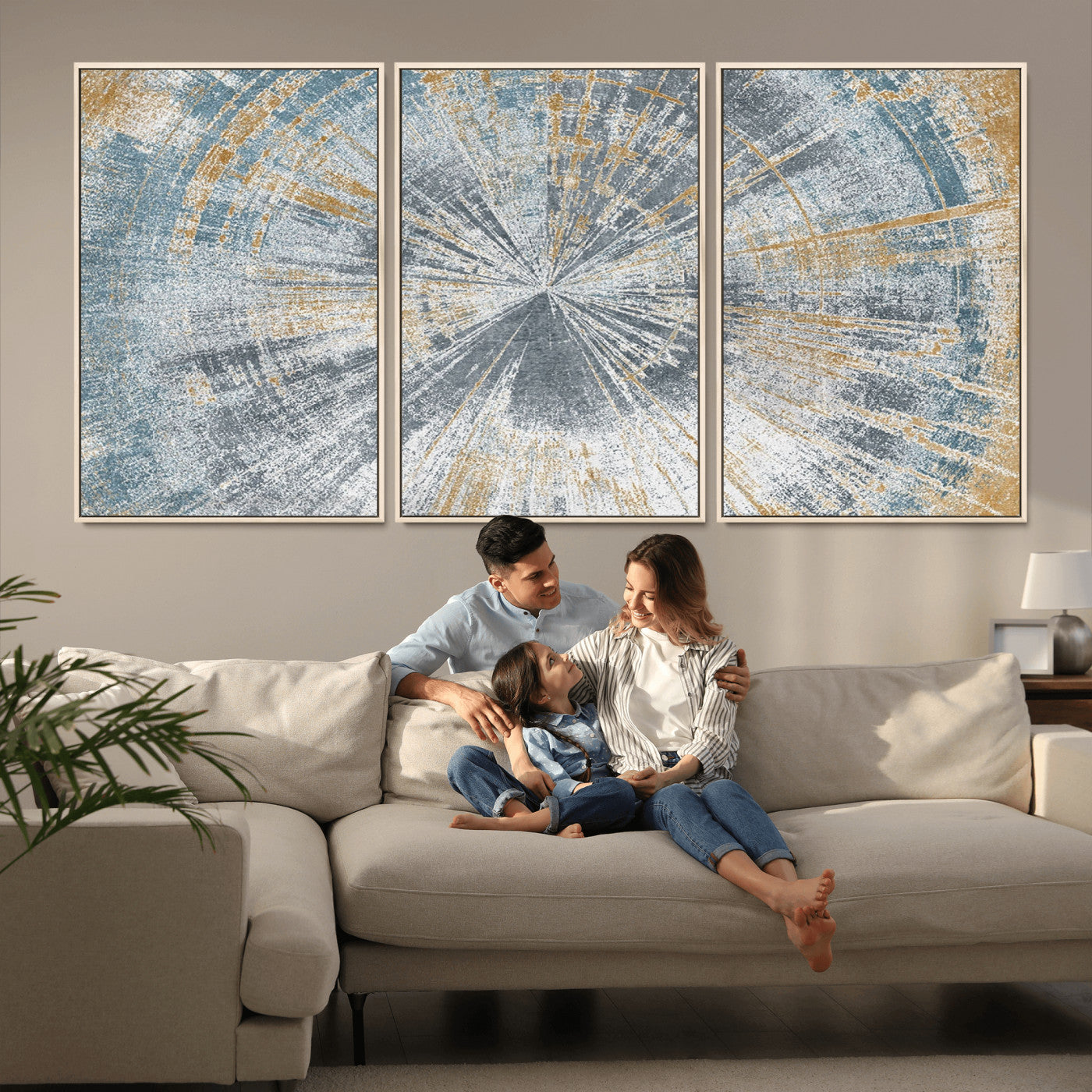 17631-MGV-FC-60X30-3P_Natural-Radiant Burst Wall Art – Abstract Sunburst Canvas Print in Blue and Gold, Modern Geometric Painting for Living Room, Office or