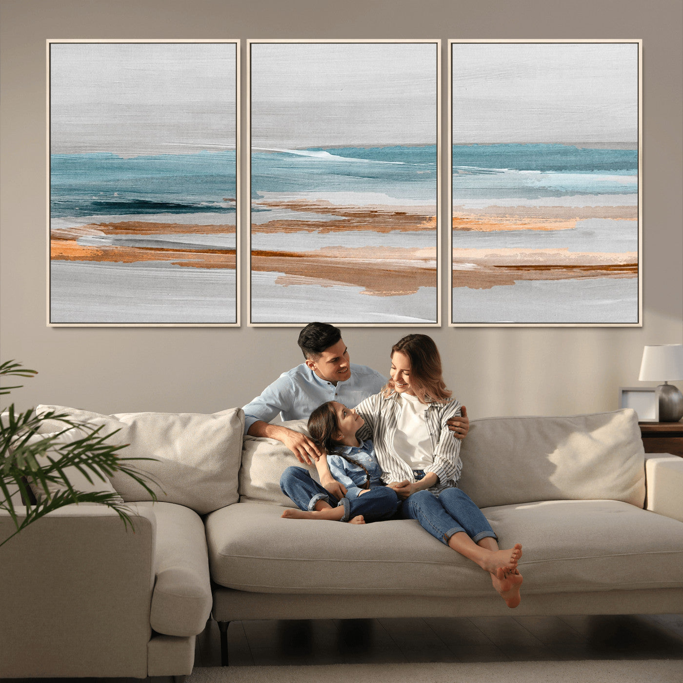 23430-MGV-FC-60X30-3P_Natural-Abstract Coastal Wall Art – Modern Ocean Horizon Canvas Print, Minimalist Beach Scene Painting for Bedroom, Living Room, Office or