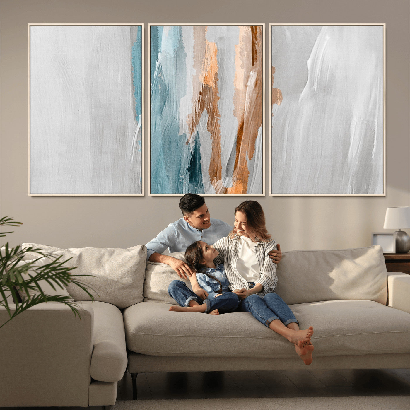 66154-MGV-FC-60X30-3P_Natural-Abstract Brushstroke Wall Art – Modern Teal and Gold Canvas Print, Minimalist Contemporary Painting for Living Room, Bedroom, or