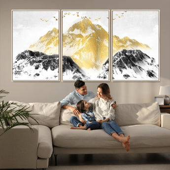37733-MGV-FC-60X30-3P_Natural-Golden Mountain Wall Art – Modern Abstract Landscape Canvas Print with Birds, Luxury Nature Decor for Living Room, Bedroom, or