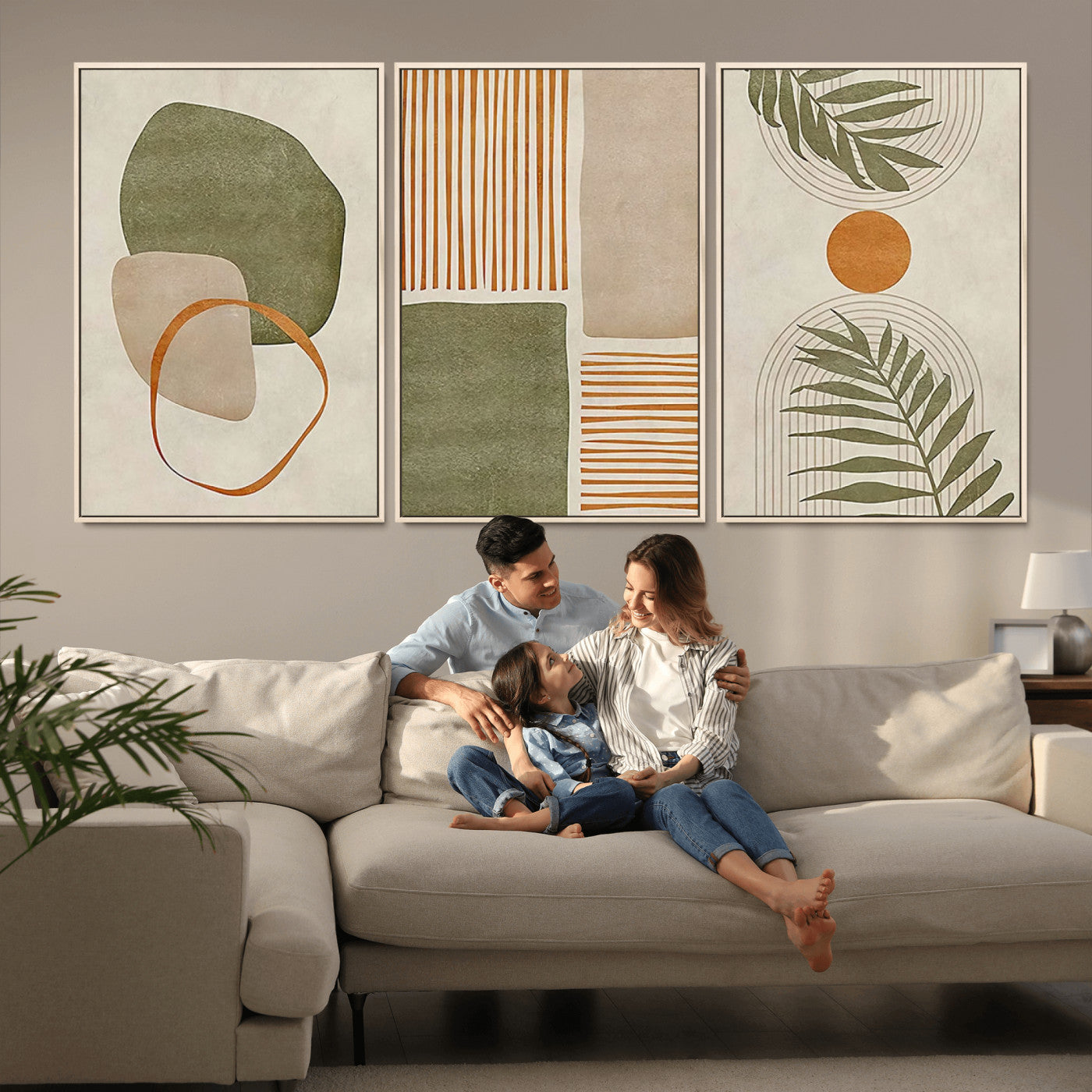 96002-MGV-CV-36X24-Abstract Geometric Wall Art – Modern Canvas Print with Green, Orange & Beige Shapes, Minimalist Home Decor for Living Room, Office