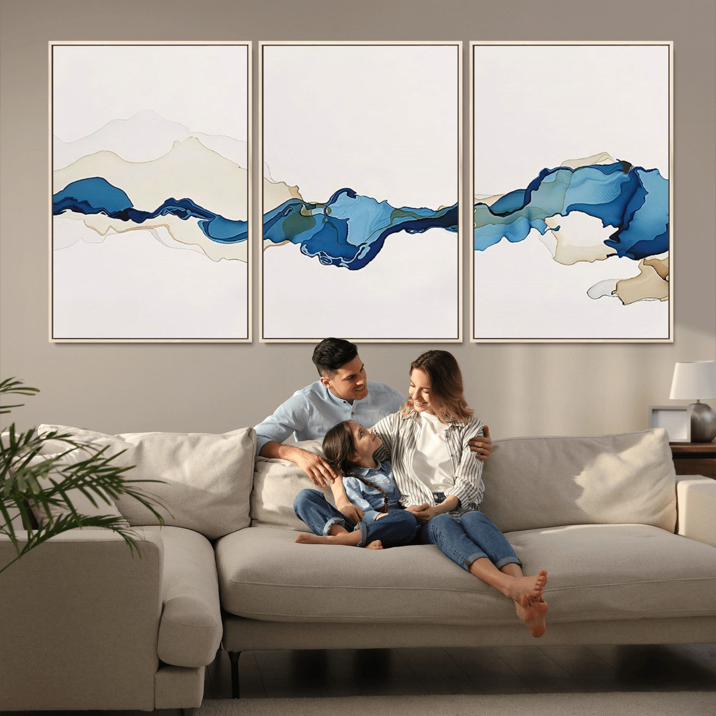 95528-MGV-CV-60X30-3P-Abstract Blue Wave Wall Art – Modern Ocean Inspired Canvas Print, Minimalist Fluid Painting for Living Room, Bedroom or Office