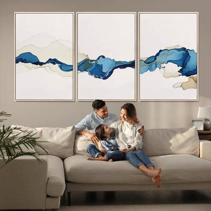 95528-MGV-CV-60X30-3P-Abstract Blue Wave Wall Art – Modern Ocean Inspired Canvas Print, Minimalist Fluid Painting for Living Room, Bedroom or Office