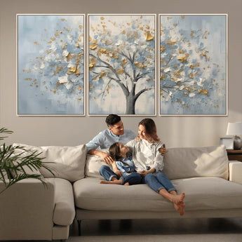 65811-MGV-FC-60X30-3P_Natural-Abstract Tree Wall Art – Textured Canvas Painting with Gold and White Leaves, Modern Nature Inspired Decor for Living Room or