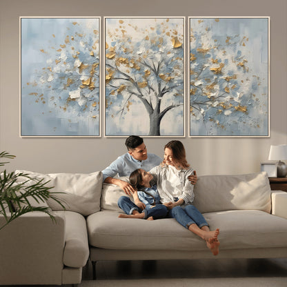 65811-MGV-FC-60X30-3P_Natural-Abstract Tree Wall Art – Textured Canvas Painting with Gold and White Leaves, Modern Nature Inspired Decor for Living Room or