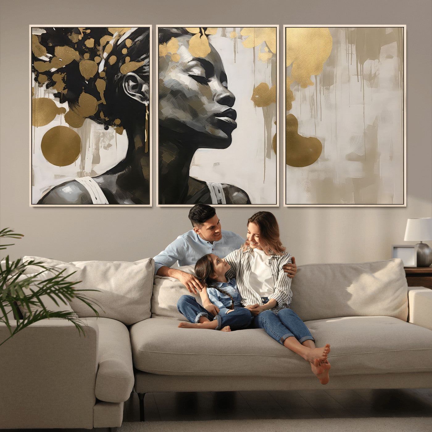 65669-MGV-CV-36X24-Elegant Black Woman Wall Art – Modern Abstract Portrait Canvas with Gold Accents, Contemporary Afrocentric Decor for Living Room