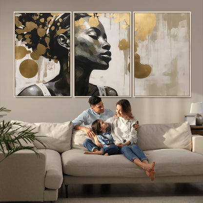 65669-MGV-CV-36X24-Elegant Black Woman Wall Art – Modern Abstract Portrait Canvas with Gold Accents, Contemporary Afrocentric Decor for Living Room