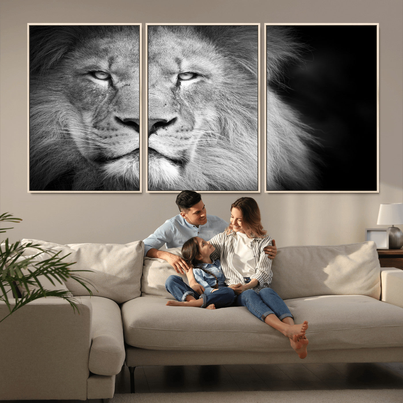 94453-MGV-FC-60X30-3P_Natural-Lion Portrait Wall Art – Black and White King of the Jungle Canvas Print, Safari Wildlife Decor for Office, Bedroom, or Living