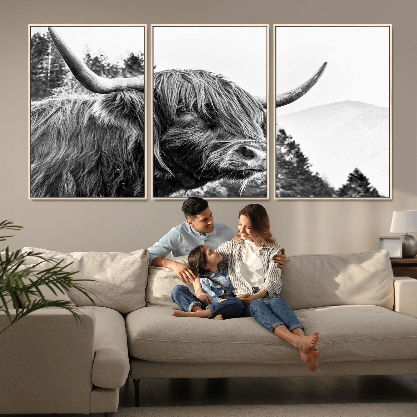 61570-MGV-FC-60X30-3P_Natural-Highland Cow Wall Art – Black and White Scottish Bull Canvas Print, Rustic Farmhouse Animal Decor for Living Room, Bedroom, or