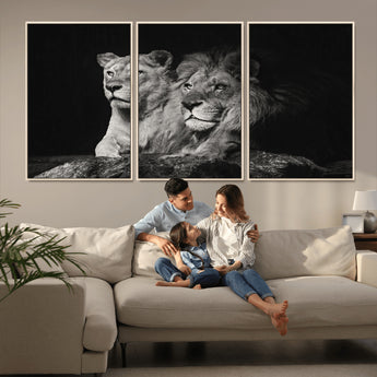 80013-MGV-FC-60X30-3P_Natural-Lion and Lioness Wall Art – Black and White Wildlife Photography Canvas Print, African Safari Animal Decor for Office, Bedroom