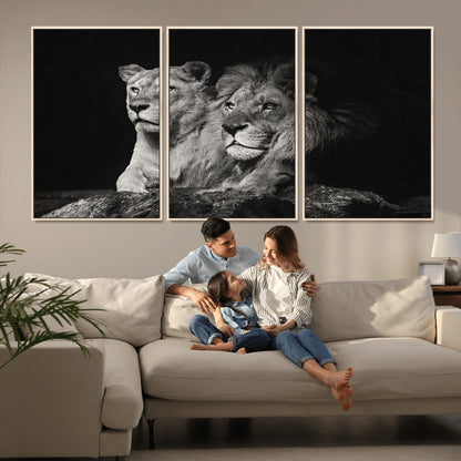 80013-MGV-FC-60X30-3P_Natural-Lion and Lioness Wall Art – Black and White Wildlife Photography Canvas Print, African Safari Animal Decor for Office, Bedroom