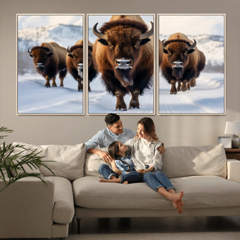 56701-MGV-CV-36X24-Bison Herd Wall Art – Buffalo Walking in Snowy Mountains Canvas Print, Rustic Wildlife Decor for Cabin, Lodge, or Living Room