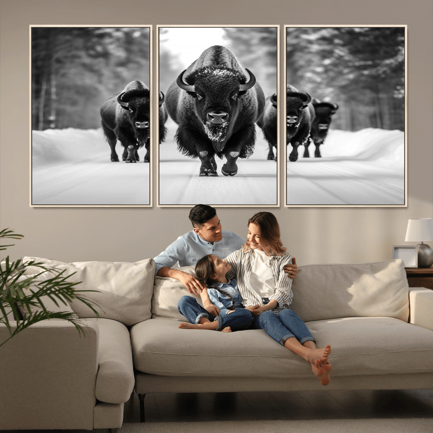 45287-MGV-CV-36X24-Bison Herd Wall Art – Black and White Buffalo Snow Road Canvas Print, Rustic Wildlife Decor for Cabin, Lodge or Living Room