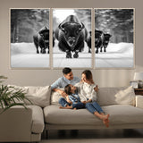 45287-MGV-CV-36X24-Bison Herd Wall Art – Black and White Buffalo Snow Road Canvas Print, Rustic Wildlife Decor for Cabin, Lodge or Living Room